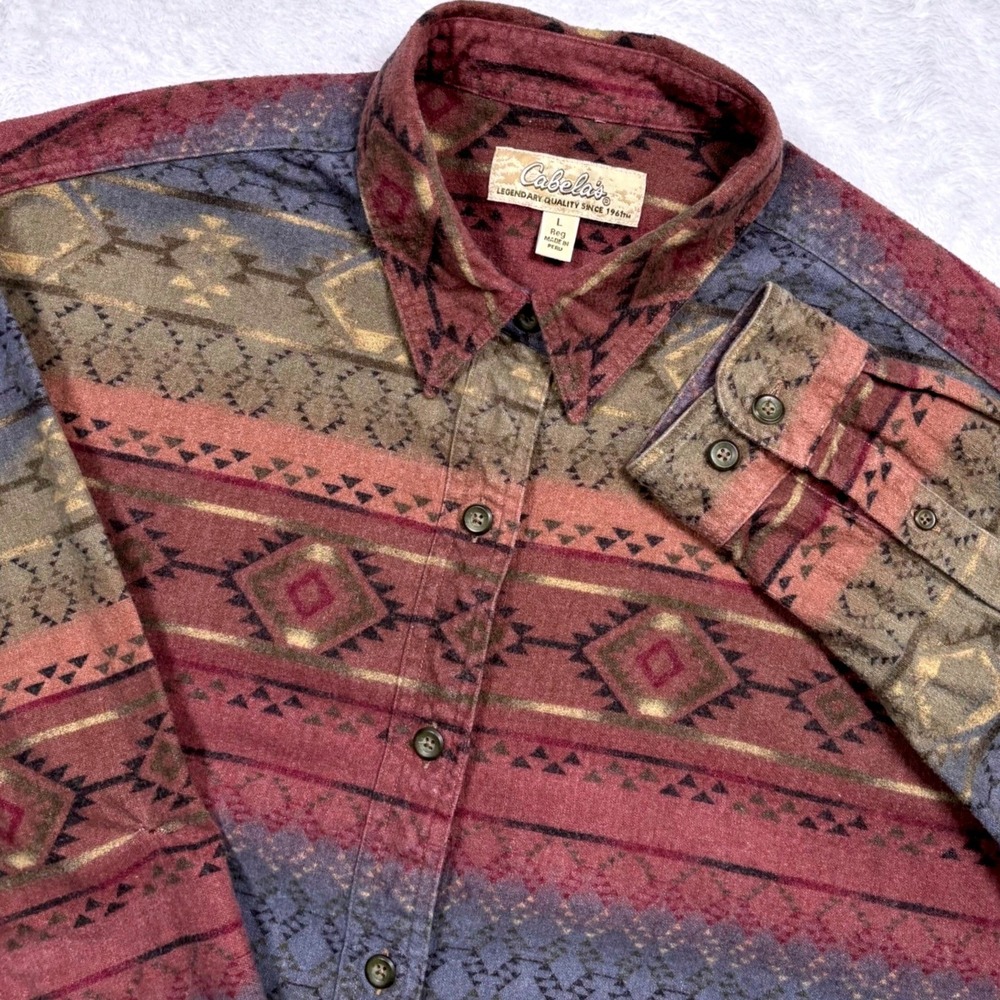 VTG 90s Cabelas Chamois Flannel Shirt Women L Southwestern Aztec Heavyweight